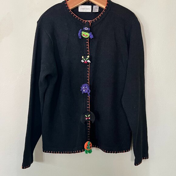 VTG Lemon Grass Cardigan Ghost Cat Spider Witch Halloween Sweater Black XL - Picture 1 of 9